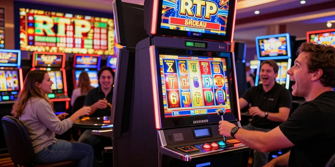 Seorang pemain menarik tuas rtp slot dengan antusias di kasino yang ramai.