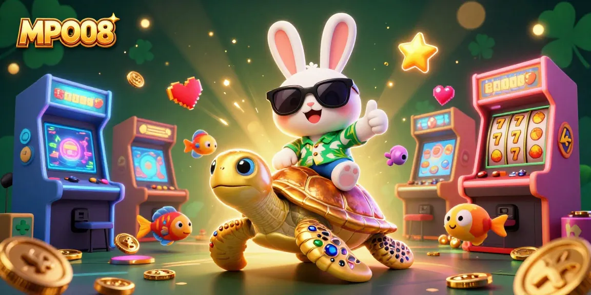 MPO08’s lively slot games depicted with a lucky rabbit and a golden sea turtle among vibrant gaming elements.