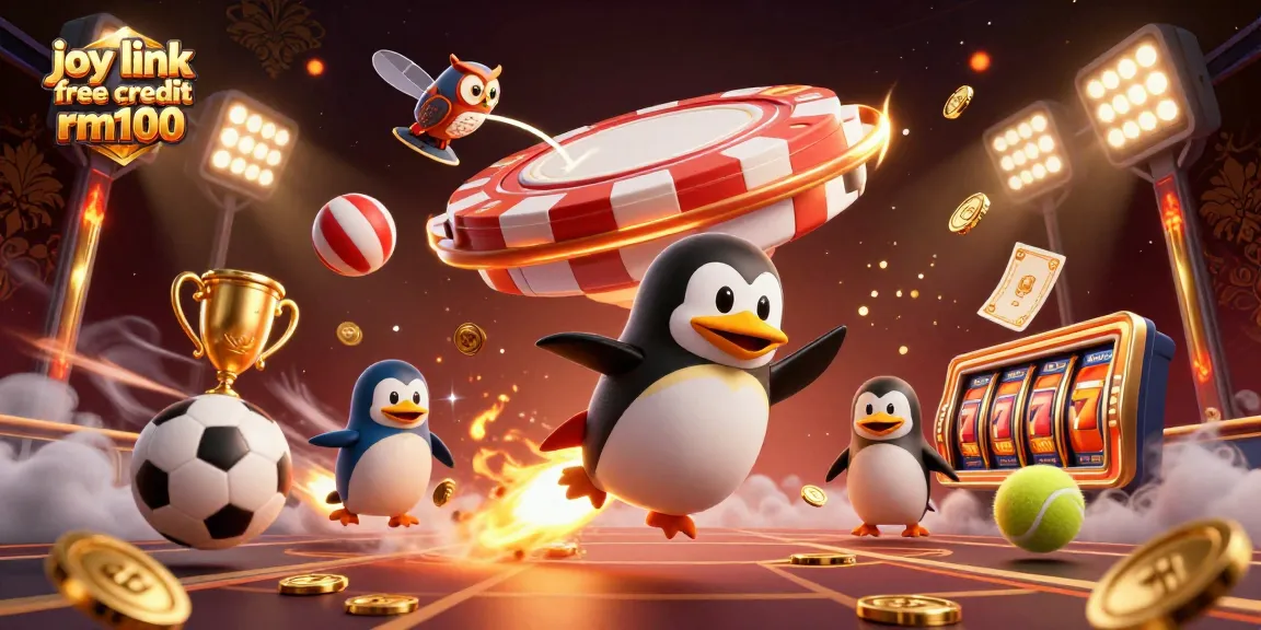 Engaging 3D scene showcasing joy link free credit rm100 with a golden penguin, sports elements, and dynamic casino graphics.