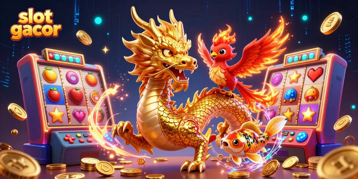 Mainkan slot gacor dengan naga emas, burung phoenix, dan ikan koi di tumpahan koin.