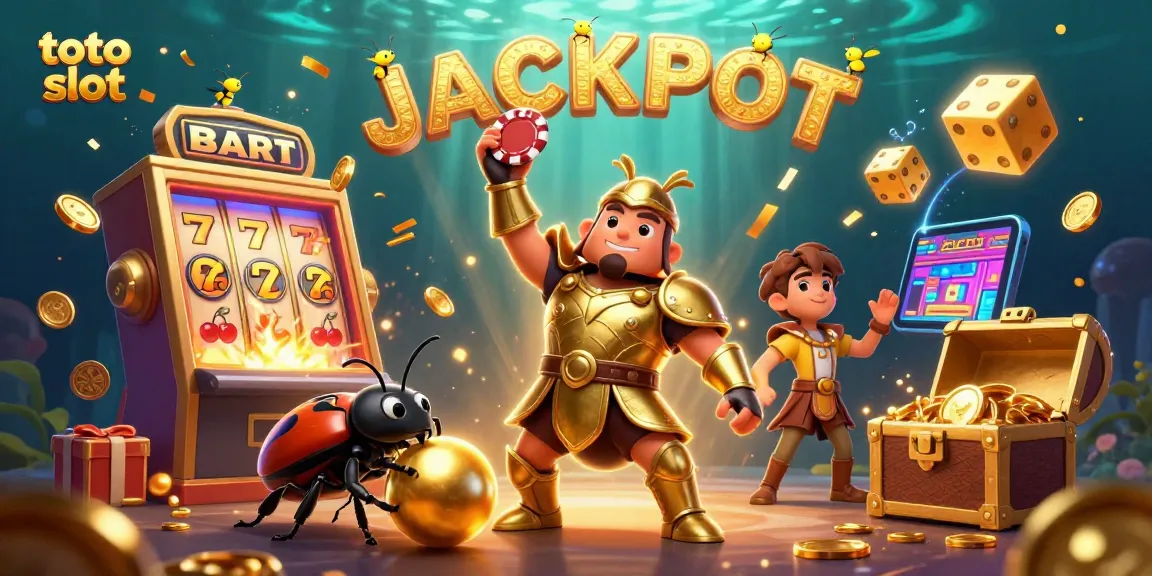 Permainan toto slot ditampilkan dalam ilustrasi 3D dengan karakter unik yang merayakan jackpot.