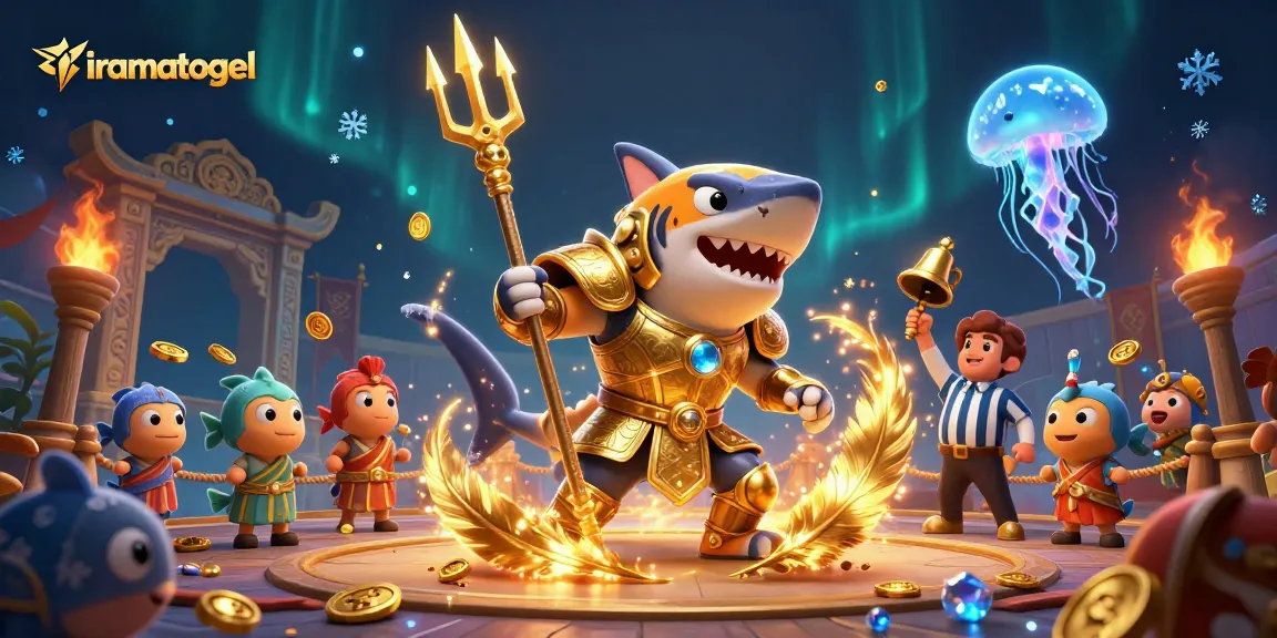 Menggambarkan iramatogel, hiu kartun ganas mengenakan armor gladiator emas beraksi di arena bawah laut, dikelilingi koin dan efek atmosfer.