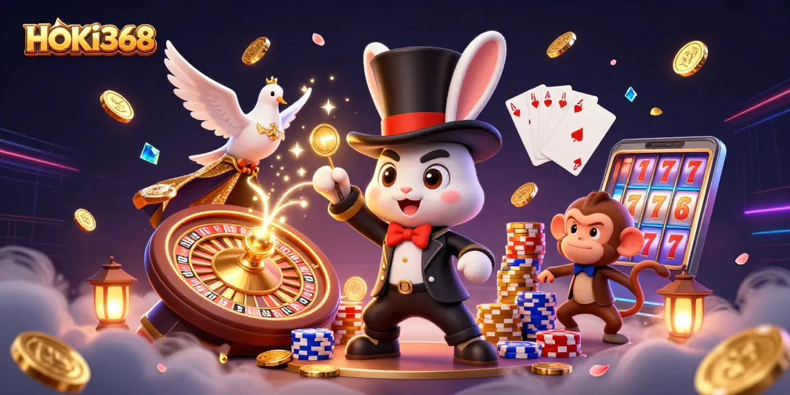 Experience the excitement of winning at HOKI368 casino with magical charms in a vibrant 3D illustration.