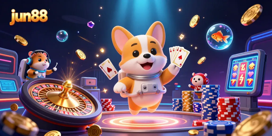 Experience thrilling moments at jun88 with a lively 3D space casino scene filled with vibrant characters and dynamic elements.