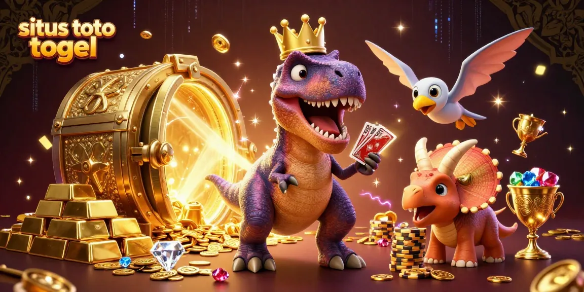 Situs toto togel dengan ilustrasi 3D T-Rex berpakaian mahkota emas, dikelilingi harta judi selama permainan.