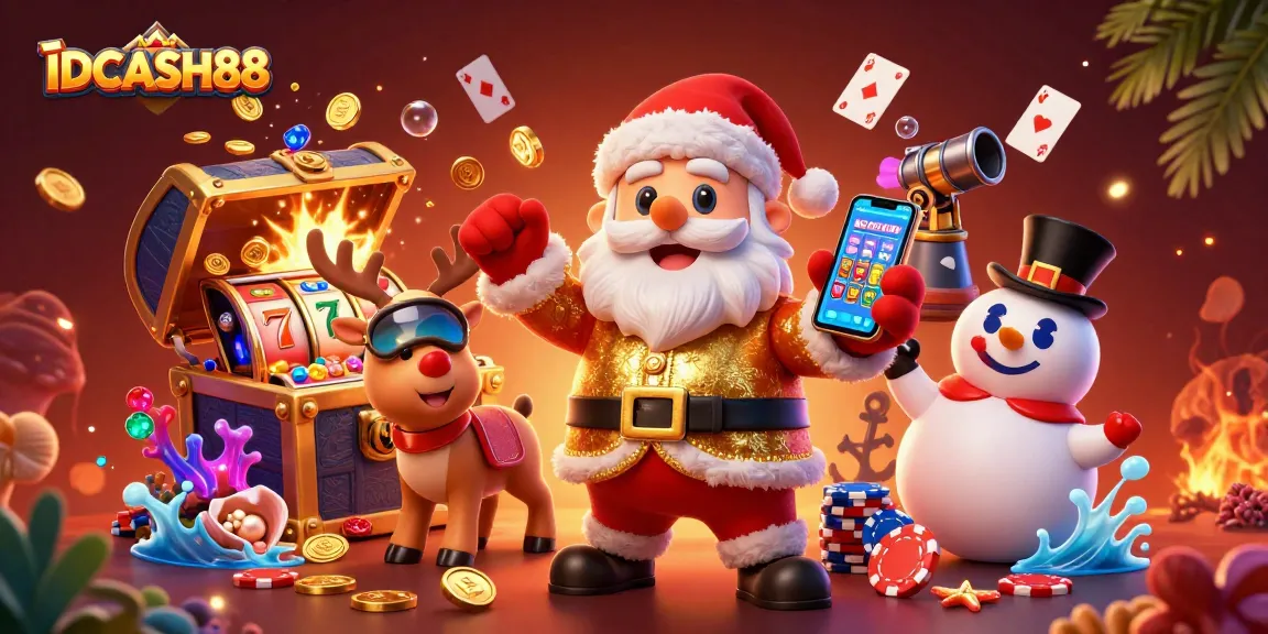 Spin winning jackpots with IDCASH88 as Santa, a reindeer dealer, and a poker chip snowman unite in a dynamic casino scene.