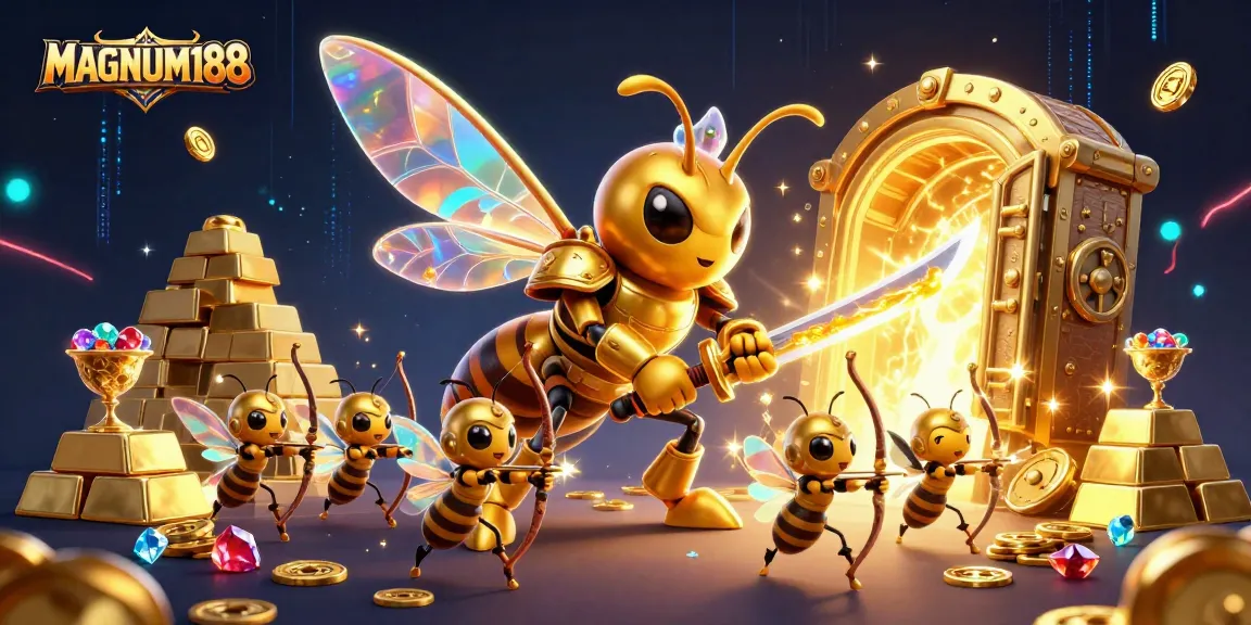 Experience intense gaming at MAGNUM188 with a striking hornet warrior and treasure.