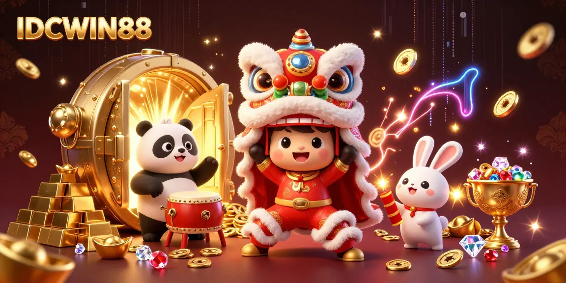 Experience the excitement at IDCWIN88 with a vibrant casino scene featuring a lion dance and treasures.