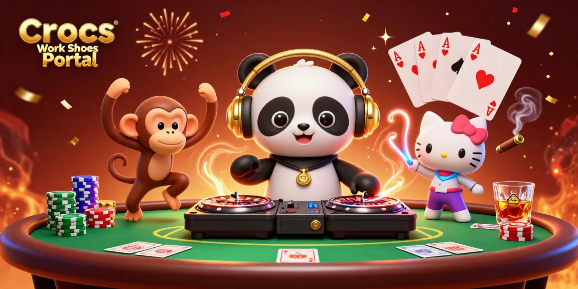 Crocs Work Shoes Portal showcases a DJ panda spinning roulette turntables, a dance-ready monkey, and a glowy kitten in a lively casino scene.