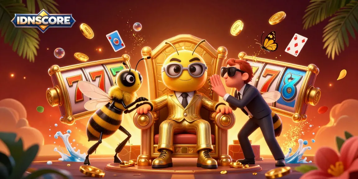 Experience the excitement of IDNSCORE with engaging slot reels and a vibrant scene full of treasure.