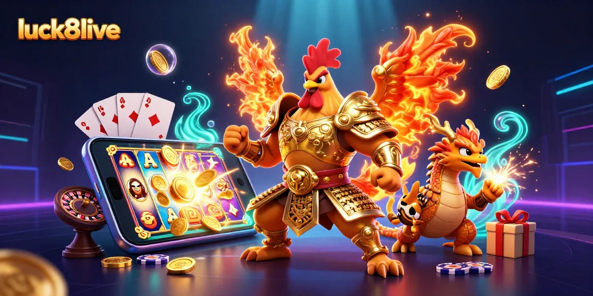 Experience luck8live with a powerful rooster warrior and dragon in an engaging 3D casino scene.