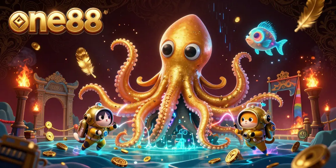Experience the excitement of betting at one88 with a captivating scene featuring a kraken, diving cat, and vibrant underwater creatures.