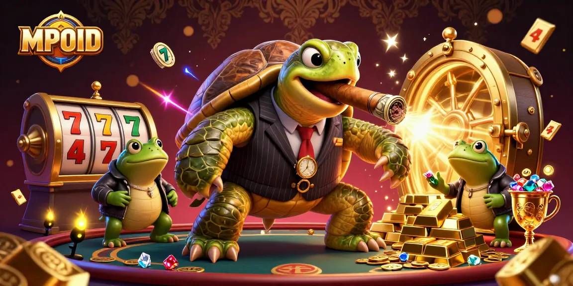 MPOID showcases a captivating casino scene with a cartoon turtle in a suit, lucky symbols, and vibrant gems.