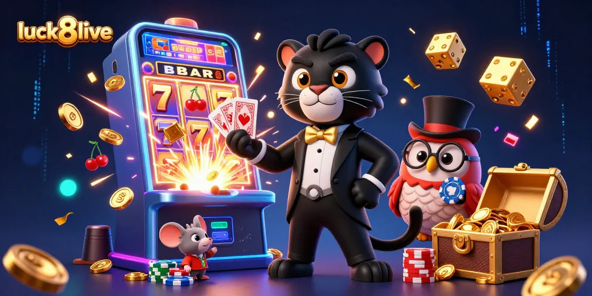 Experience the excitement of a vibrant casino with luck8live, featuring a stylized panther and friends celebrating big wins.