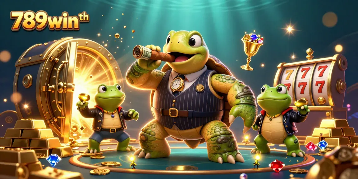 Join the thrilling world of 789winth where a giant turtle and bullfrog enforcers embrace the excitement of winning, surrounded by dazzling treasures.