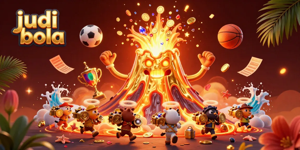 Experience the thrill of judi bola with a dynamic illustration of a golden volcano and treasure