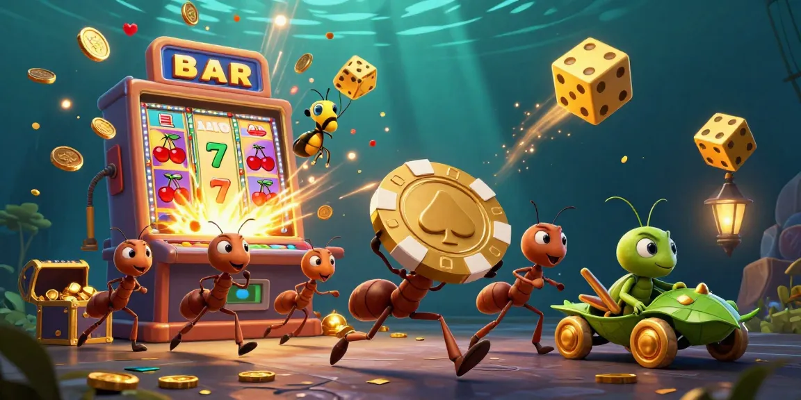 Ant tim 3D membawa chip poker emas di bawah laut dan slot mesin jackpot di latar belakang, ligagalaxy.