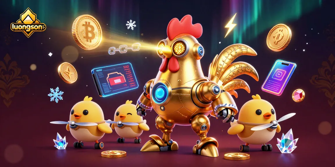 Engage in thrilling moments with luongson tv, featuring a golden rooster robot and baby chick drones surrounded by crypto elements.