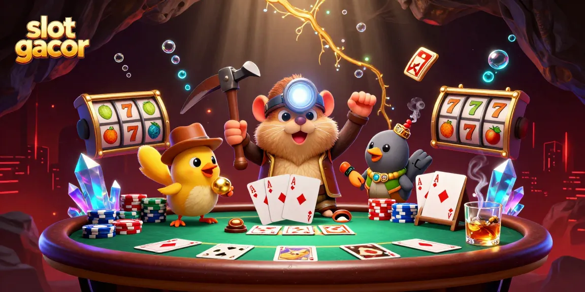 Engage in thrilling slot gacor gameplay with a vibrant 3D scene of a treasure hunter mole and poker elements.