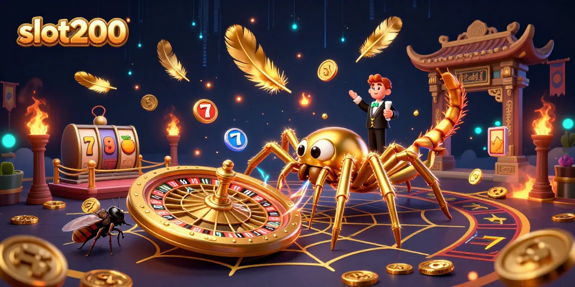Slot200 menyajikan ilustrasi kasino dengan laba-laba emas di tengah roda roulette, menciptakan suasana taruhan yang menegangkan.