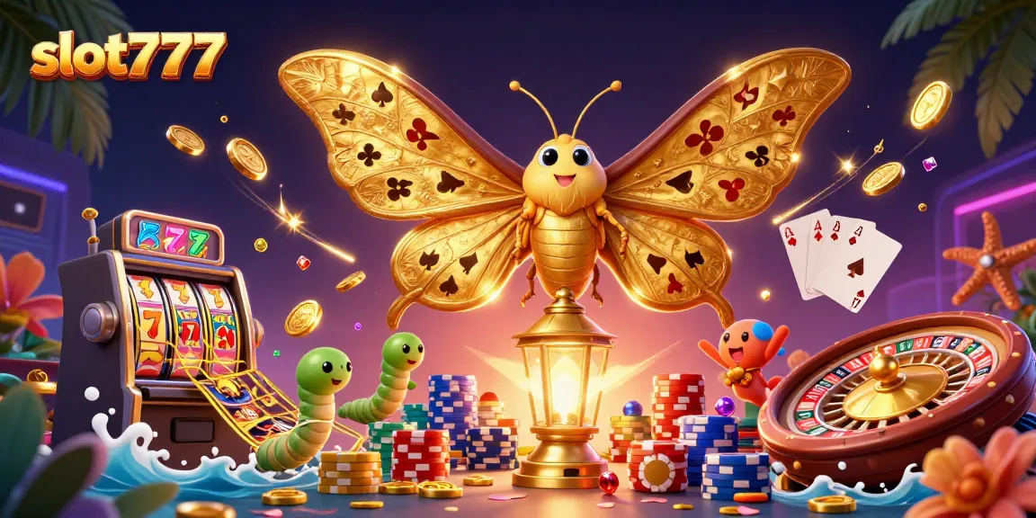 Experience slot777 excitement with vibrant casino elements and a majestic moth in a colorful scene.