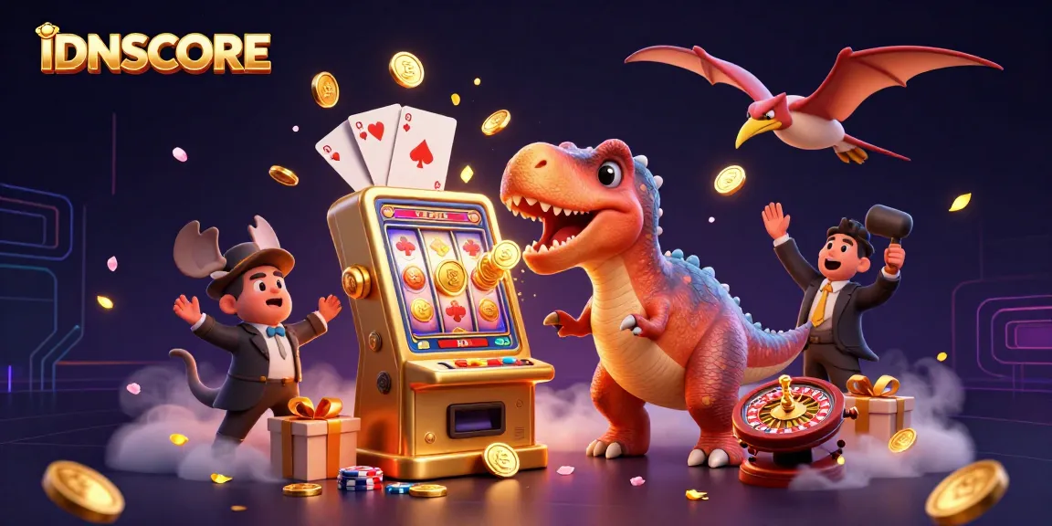 IDNSCORE platform showcasing vibrant gaming action with characters celebrating a jackpot win.