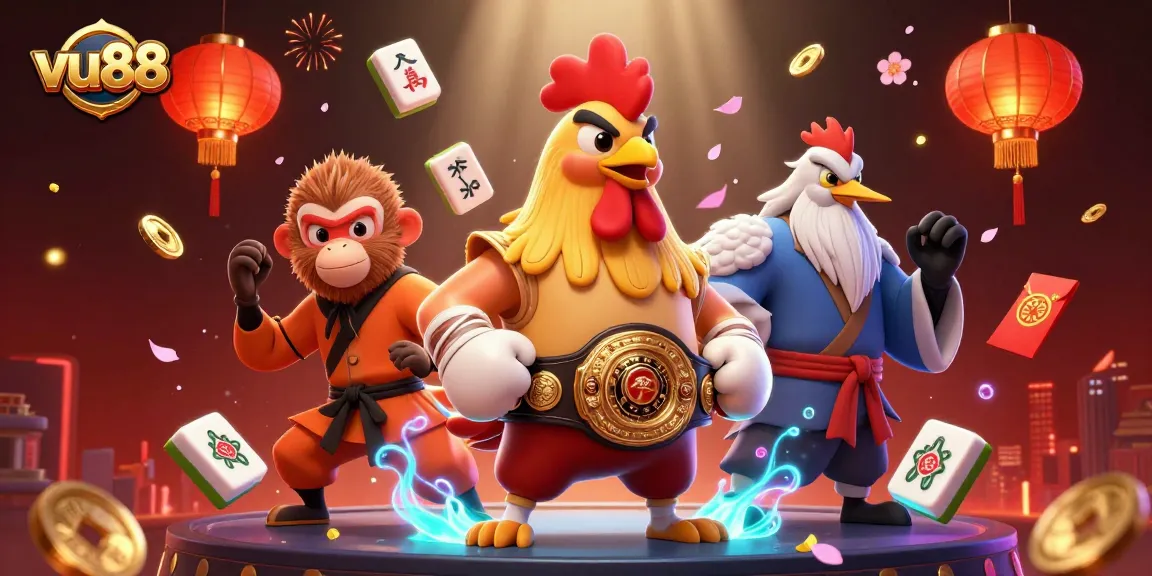 Experience the thrill of gambling at vu88 with exciting characters amidst vibrant casino elements.