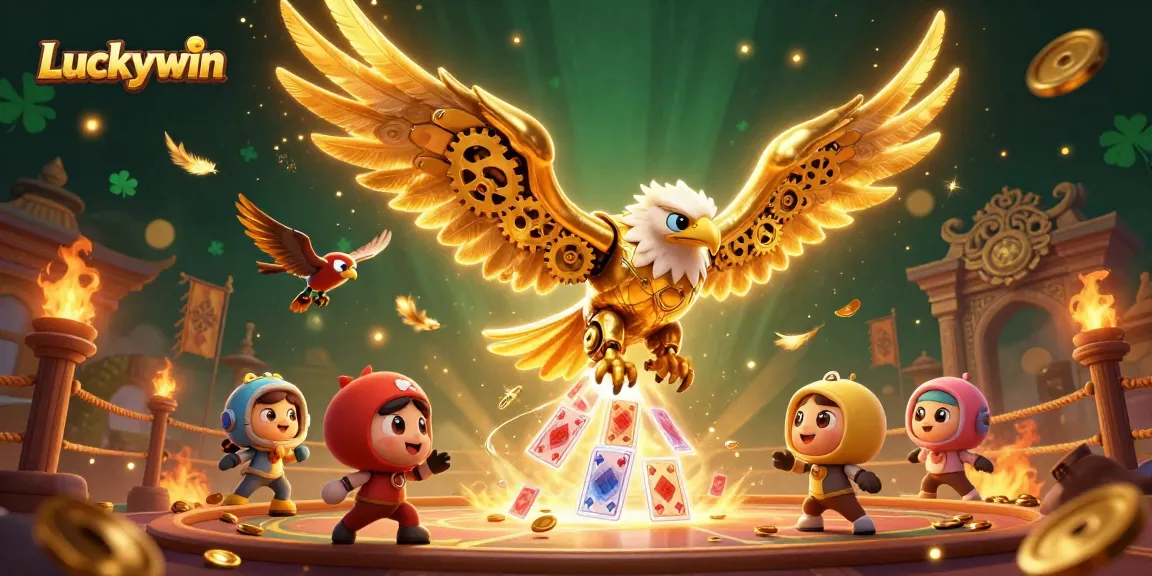 Experience Luckywin with thrilling 3D illustrations of the golden eagle amidst a vibrant casino atmosphere.