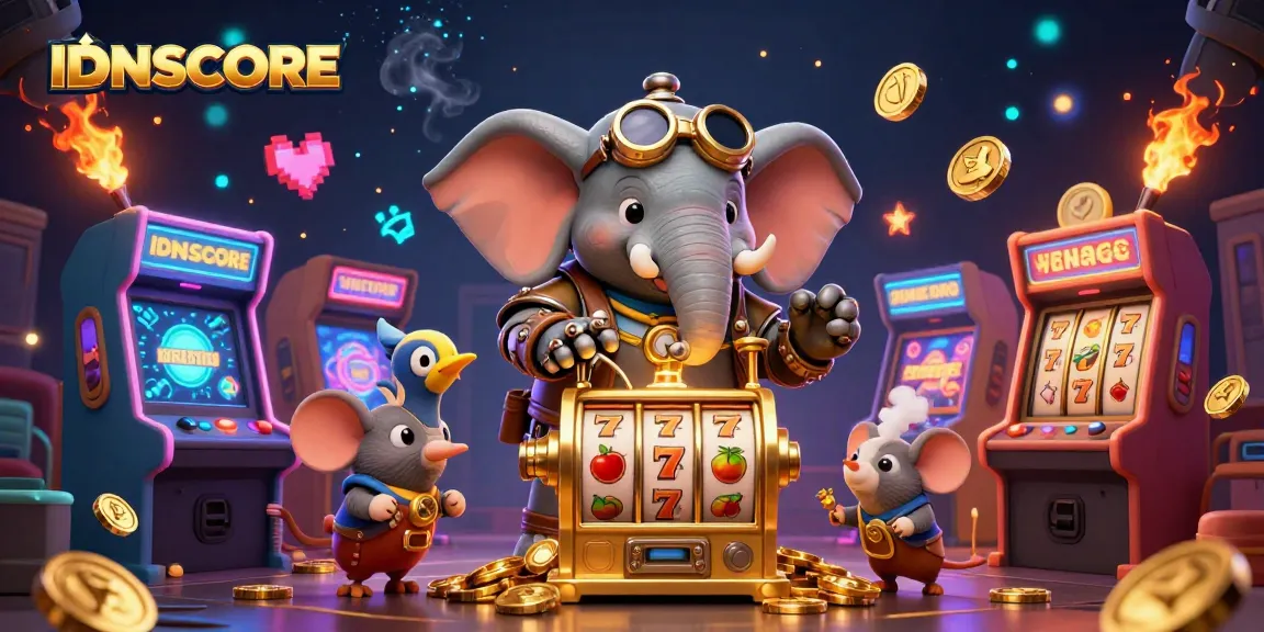 Engage with IDNSCORE slot gaming excitement, featuring a steampunk elephant and rich casino elements.